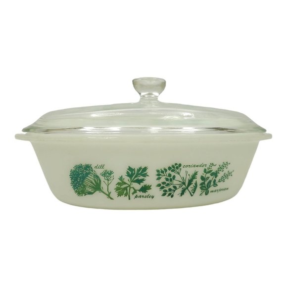 Vintage Glasbake J235 1Qt Casserole Dish Herb Garden Pattern With Lid Milk Glass - Picture 1 of 16